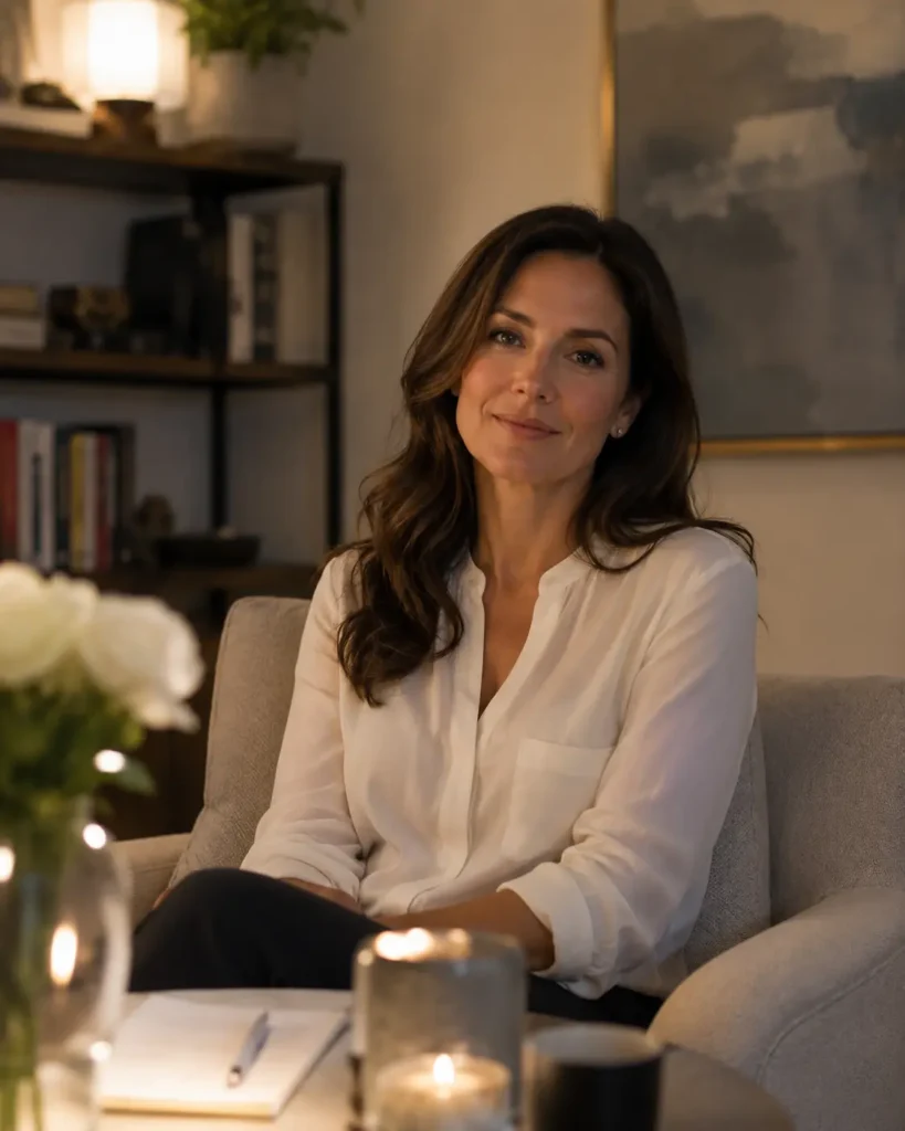 Confident emotionally mature woman smiling in a warm modern interior setting