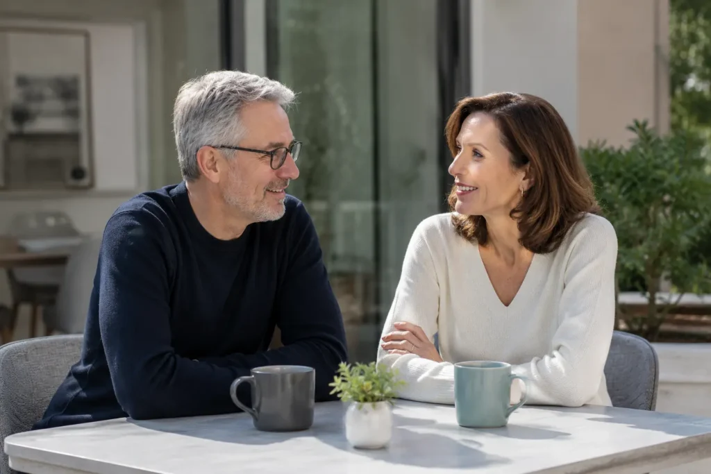 Professional middle-aged couple having a relaxed conversation over coffee in a modern New York apartment