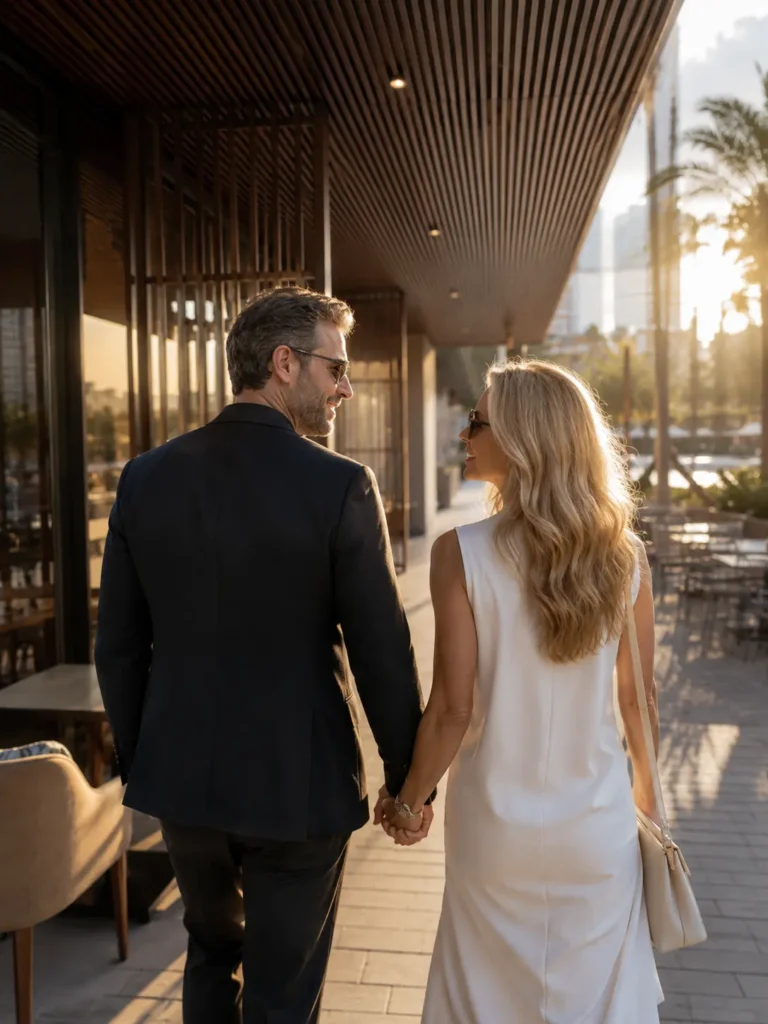 Stylish mature couple walking together in an upscale New York neighborhood at sunset